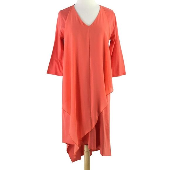 Soft Surroundings Asymmetric Coral Andalou Midi Dress Petite PM Chiffon Front - Picture 3 of 14